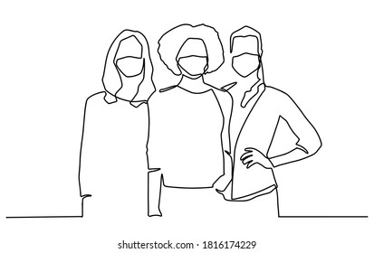 Group of people wearing surgical mask to prevent virus infection. Continues one line drawing. Group of people continuous one line vector drawing. Family, friends hand drawn characters. Covid-19.