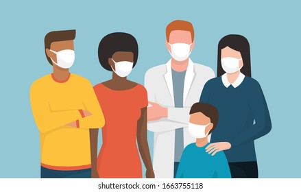 Group of people wearing surgical masks and standing together, coronavirus covid-20119 prevention and safety procedures concept