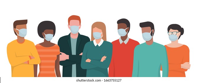 Gruppo di persone che indossano maschere chirurgiche e in piedi insieme, concetto di procedure di prevenzione e sicurezza