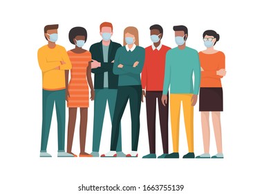 Group Of People Wearing Surgical Masks And Standing Together, Coronavirus Covid-20119 Prevention And Safety Procedures Concept