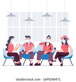 Group of people wearing surgical masks gathering during coronavirus covid-19 outbreak. Social distancing concept. Health care and medical Flat character vector.