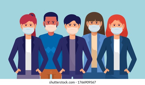 Group of people wearing surgical masks and standing together, prevention and safety procedures concept, vector illustration