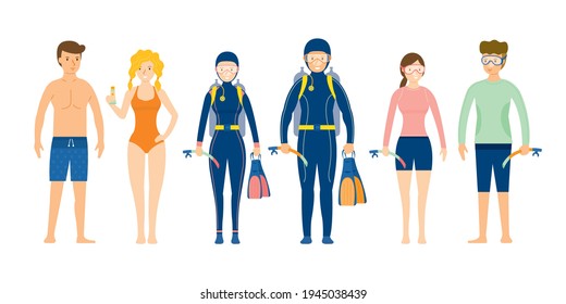 Group of People wearing Swimming and Diving Clothes, Travel Vacation and Activities