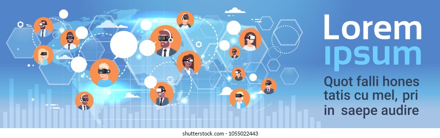 Group Of People Wearing Virtual Reality Glasses Over World Map Background Horizontal Banner