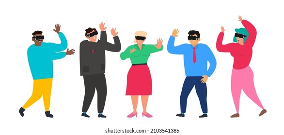 group of people wearing vr glasses virtual meeting video conference vector illustration
