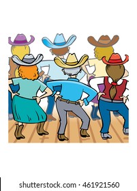 Group Of People Wearing Western Clothing Line Dancing, Vector Illustration