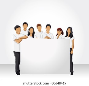 Group people wearing white clothes hold white board