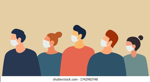 Group of people wearing white medical masks to prevent disease, flu, air pollution, contaminated air, world pollution. Vector illustration in a flat style