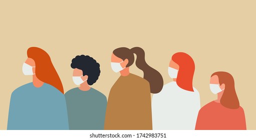 Group of people wearing white medical masks to prevent disease, flu, air pollution, contaminated air, world pollution. Vector illustration in a flat style