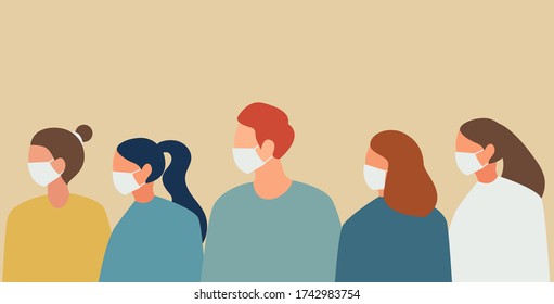 Group of people wearing white medical masks to prevent disease, flu, air pollution, contaminated air, world pollution. Vector illustration in a flat style