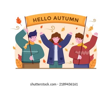Group of people welcoming autumn with people holding banners saying hello autumn and they are happy.
Happy Autumn.
Suitable for greeting card, postcard, banner, poster, flyer, print, web, etc