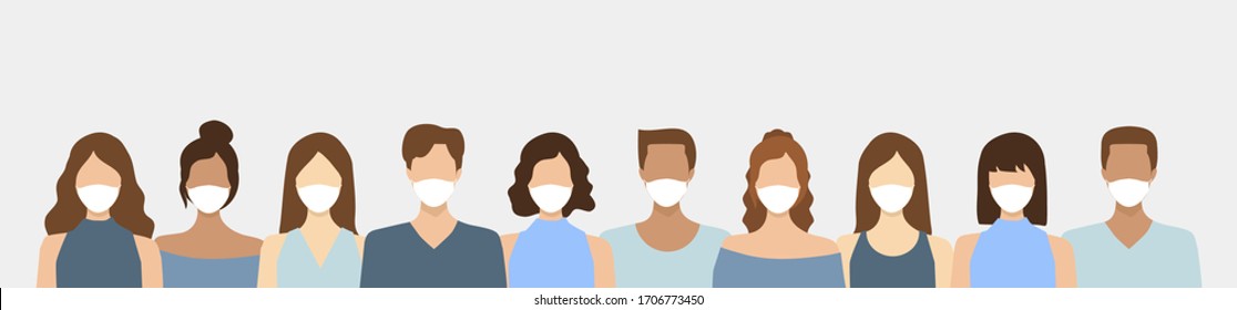 Group of People in white medical face mask to prevent disease, flu, air pollution, contaminated air, world pollution. Concept of coronavirus quarantine vector illustration. Covid-19 Prevention vector.