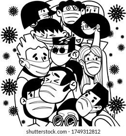 Group of People who are in anxiety and fear because of the corona virus. corona virus illustration. covid-19 pneumonia illustration.