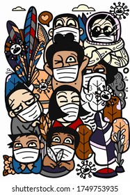 Group of People who are in anxiety and fear because of the corona virus. corona virus illustration. covid-19 pneumonia illustration.