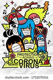 Group of People who are in anxiety and fear because of the corona virus. corona virus illustration. covid-19 pneumonia illustration.