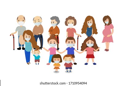 Group of people who risk from coronavirus  sush as elderly , maternity, and children.People wearing mask for protect coronavirus covid19.vector illustration