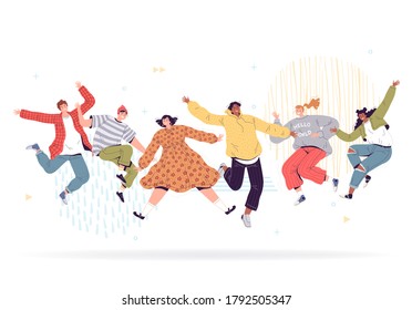 Group of people who wave their hands. Young men and women laugh and raise their hands up in joy and for greeting. Isolated characters on a white background.