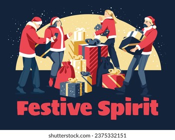 a group of people who work with the delivery of Christmas gifts. Festive decoration, snow. Gift shop service concept. vector flat illustration
