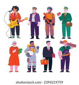 A Group of People wih different job and occupations character worker. guitarist, sailor, army, postman, lawyer, astronaut, business man, construction worker standing celebrate Labor Day.