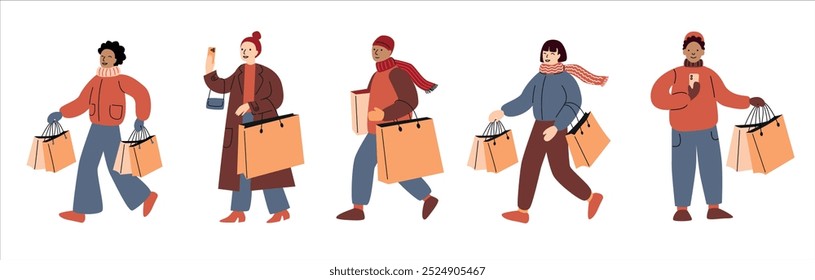 Group of people in winter clothes carrying shopping bags. Winter and Christmas shopping time. Shoppers in cozy winter outfits.