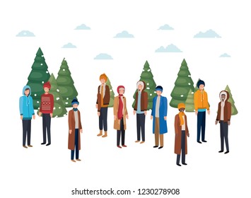 group of people with winter clothes and christmas trees avatar character