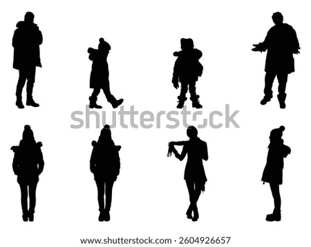 Group of People in Winter Clothes Silhouette isolated white background. Vector Illustration