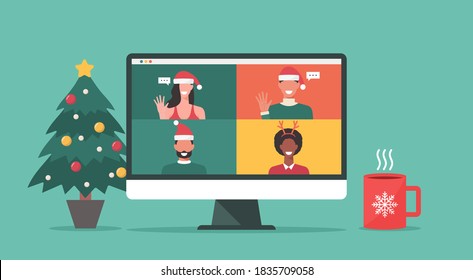 group of people in winter costumes meeting online together via video conference on a computer to virtual discussion on Christmas holiday and decorate with Christmas tree, cup, flat vector illustration