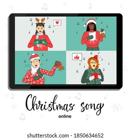 Im Winter trifft sich eine Gruppe von Leuten online über Videokonferenz. Sie singen Weihnachtslieder. Vektorgrafik.