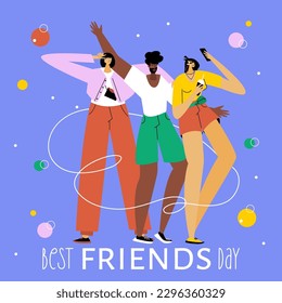 The group of people, woman, girls and  African American man  take a selfie. They celebrations happy national best friends day. The Illustration good for poster or UI UX design.