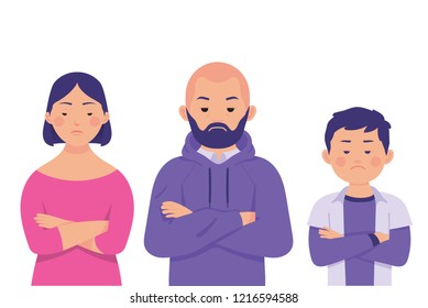 group of people, woman, man, and boy with grumpy face, group of angry face concept