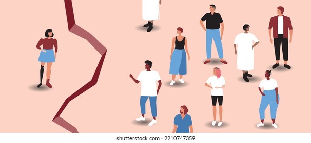 Group of people and woman with prosthetic leg as disabled person, gap between, flat vector stock illustration as concept of problem of inclusive people