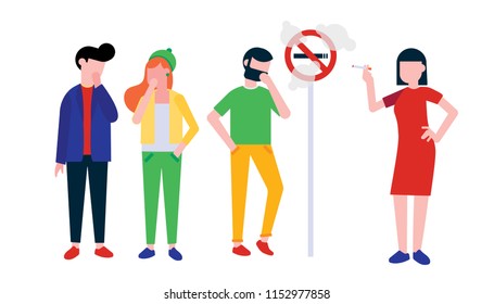 Group of people. Woman smokes cigarette near no smoking sign. Man, boy and girl coughing in their hand. Concept of passive smoking flat style illustration isolated on white background