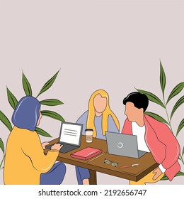 A group of people work in an office or cafe. Meeting of friends. Students at the university. Laptop and diary. Colorful flat illustration.