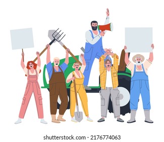 A Group Of People In Work Overalls. A Man On A Tractor Shouts Into A Bullhorn. Men And Women Protest. Isolated On White Background.Flat Vector Illustration. Eps10