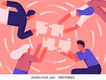 A group of people work in a team putting together puzzles. Concept illustration of teamwork. Flat illustration, asbtrakia