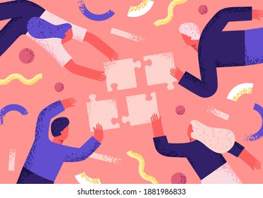 A group of people work in a team putting together puzzles. Concept illustration of teamwork. Flat illustration, asbtraktion