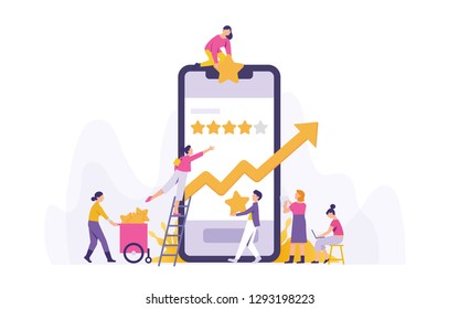 a group of people work together to always get the best stars for their business, team work hard to get five stars as good performance and good feed back and comment