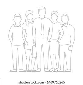 A Group Of People, Workers Team. Teamwork. Work Partnership Leadership. Men And Women In Business. Outline Contour Line Vector Illustration.