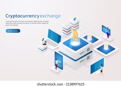 Group of people working analysts and managers on computers for exchange. Cryptocurrency and blockchain, for website landing page template. isometric vector illustration.