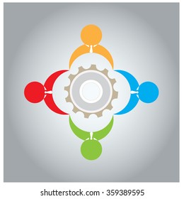 Group of people working around a gear icon