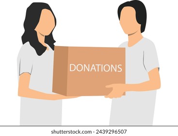 A group of people working in a charitable foundation. Two volunteers with donation boxes in hand. Group of volunteer gives donation to the victims.