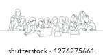 Group of people working continuous one line vector drawing. Students preparing to exams, doing homework hand drawn characters. Coworking. Job meeting, discussion. Minimalistic contour illustration