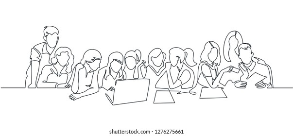 Group of people working continuous one line vector drawing. Students preparing to exams, doing homework hand drawn characters. Coworking. Job meeting, discussion. Minimalistic contour illustration