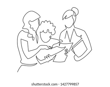 Group of people working, continuous one line vector draw. Students preparing to exams, doing homework hand drawn characters. Coworking. Job meeting, discussion. business team or travelers learning map