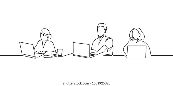 Group of people working continuous one line vector drawing. Students preparing to exams, doing homework hand drawn characters. Coworking. Job meeting. Minimalistic contour illustration