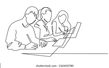 Group of people working continuous one line vector drawing. Students preparing to exams, doing homework hand drawn characters. Coworking. Job meeting, discussion. Minimalistic contour illustration