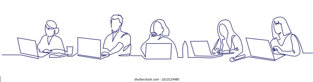 Group of people working continuous one line vector drawing. Students preparing to exams, doing homework hand drawn characters. Coworking. Job meeting, discussion. Minimalistic contour illustration