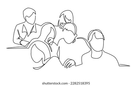 Group of people working continuous one line vector drawing. Students preparing to exams, doing homework hand drawn characters. Coworking. Job meeting, discussion. Minimalistic contour illustration