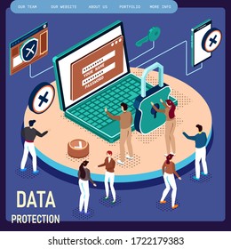 Un grupo de personas está trabajando para crear seguridad y seguridad de datos en dispositivos y dispositivos electrónicos. Isométrica ilustración vectorial detallada.
