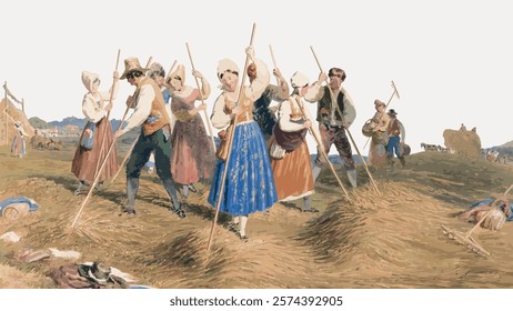 A group of people working in a field, wearing traditional clothing. They are using tools to harvest. The scene depicts a rural, agricultural setting. Vintage art drawing, isolated vector element.